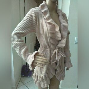 VINTAGE CACHE Elegant Ruffled Knit Cardigan Sweater - Pink (WOW) WOOL ANGORA